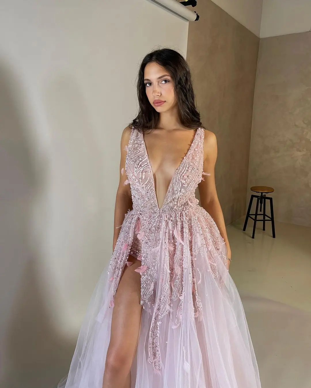 

Sapmae Spaghetti Strap Beaded Embroidery V-neck Vent Sequined A-line ZipperUp Elegant Prom Formal Evenning Party Dress For Women