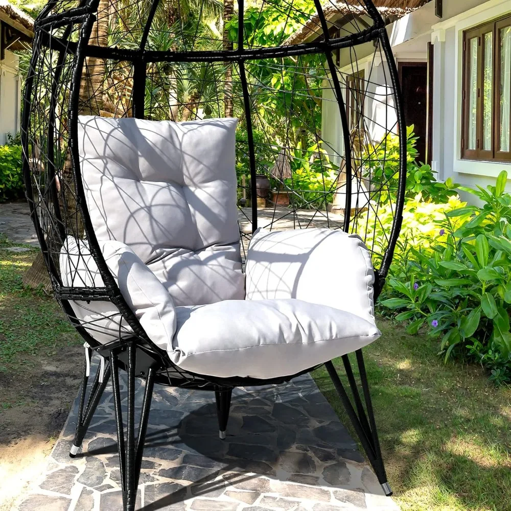 Wicker Egg Chair with Stand Cushion Outdoor Indoor Lounger Egg Basket Chair for Living Room, Backyard, Balcony, Patio (Black) 5