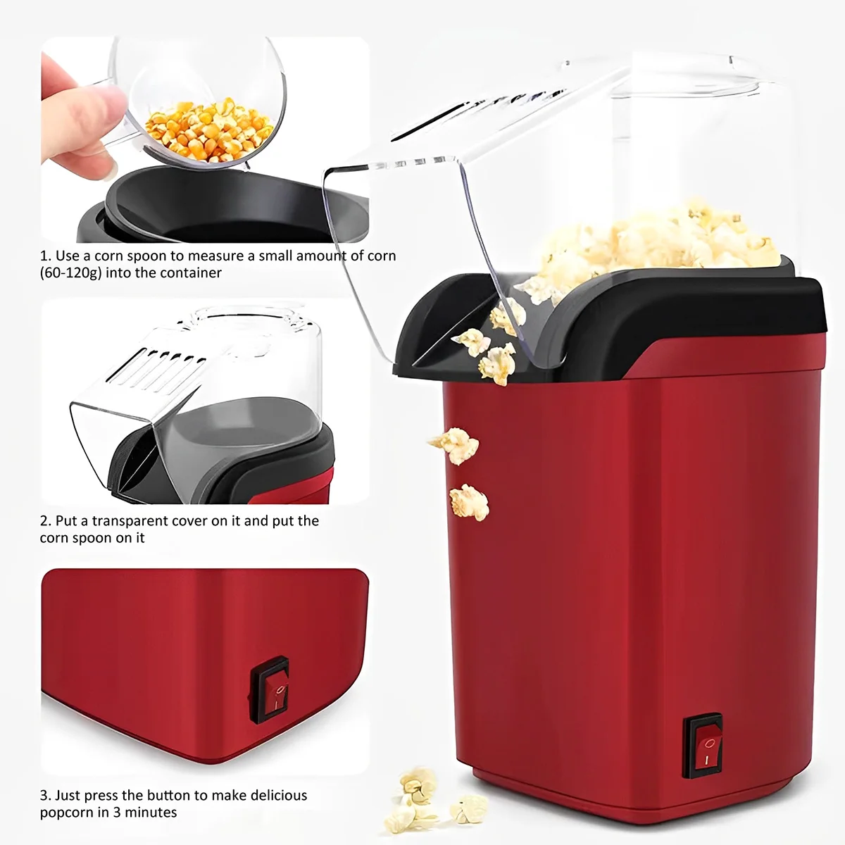 Popcorn Machine 1200W Hot Air Popcorn Maker Electric Popcorn Maker No Oil Popcorn  Popper with Removable Measuring Cup for Home 