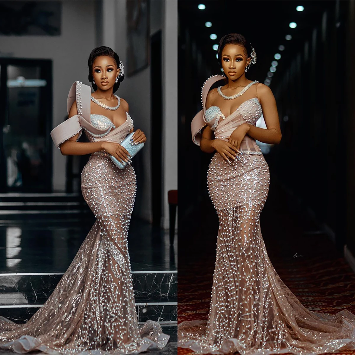 

Handmade Pearls Evening Mermaid Dresses O-Neck Lrregular Sleeve Special Occasion Dress Sweep Train Sequined Prom Gowns