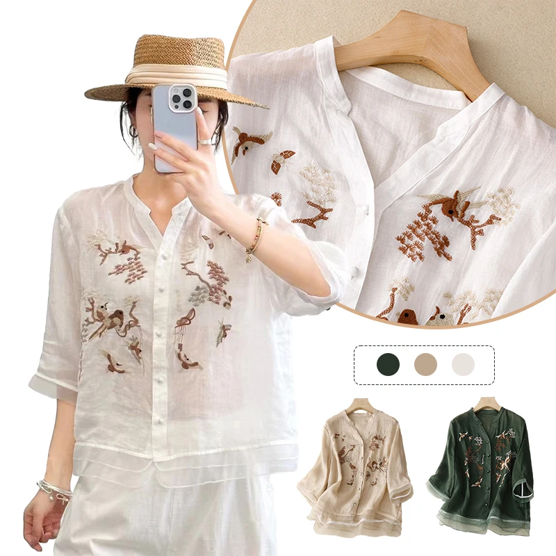 2023-New-Cotton-Linen-Women-s-Shirts-Summer-Bird-Tree-Embroidery ...