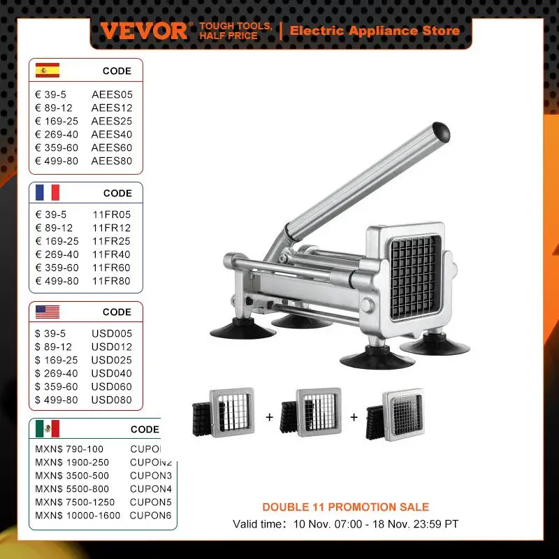 VEVOR French Fry Cutter Potato Slicer 1/2 3/8 1/4-Inch Stainless Steel Blades for Potato French Fries Cucumber Vegetables Carrot