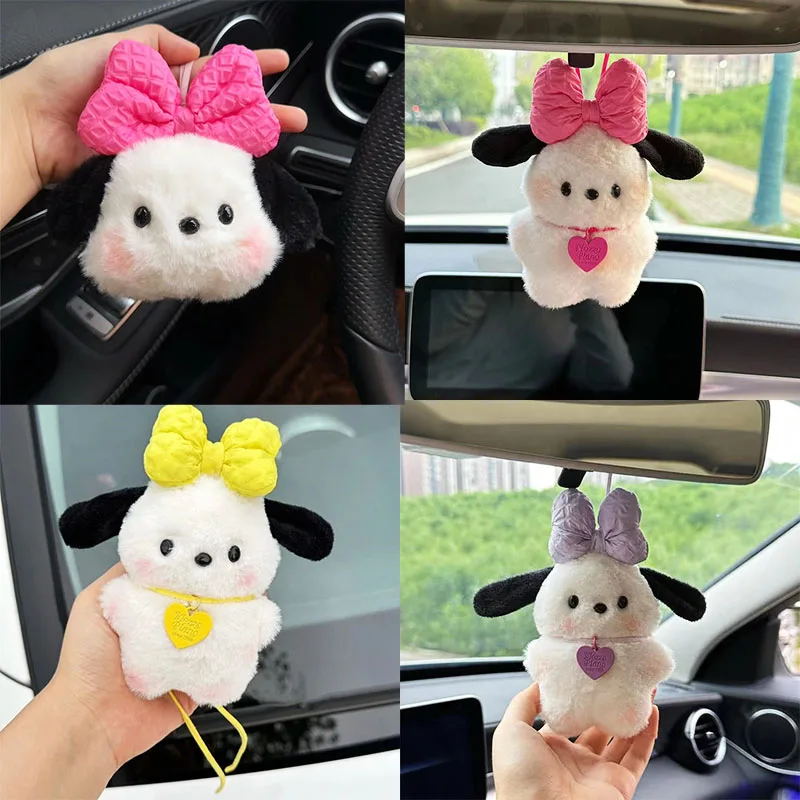 Kawaii Sanrioed Bow Pochacco Car Pendant Cartoon Puppy Plush Toy Rearview Mirrors Hanging Ornament Gift Auto Interior Decoration