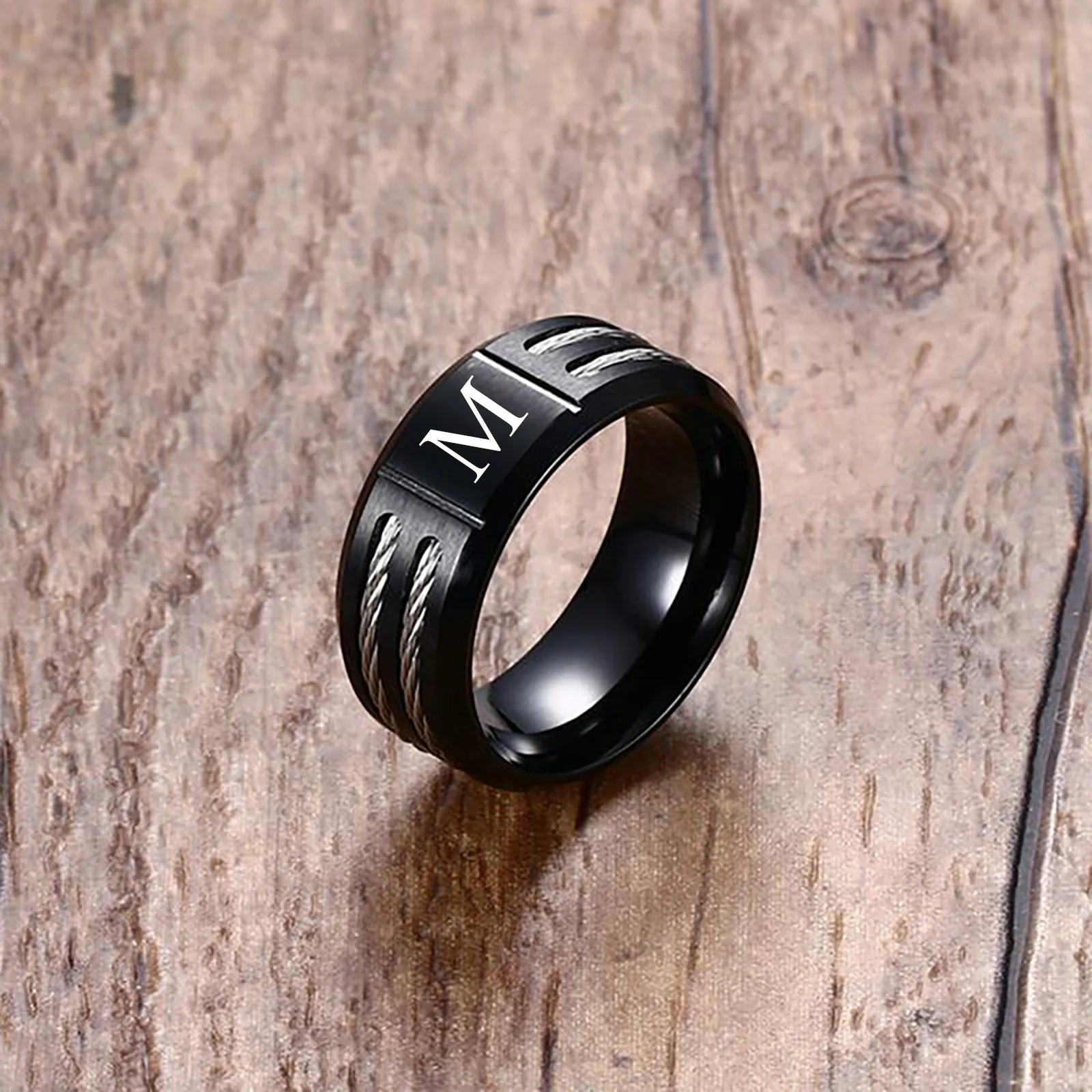 Stylish Black Mens Initial Ring, Waterproof Stainless Steel A-Z Letter Wedding Bands for Male Boys Finger Gift Jewelry 4