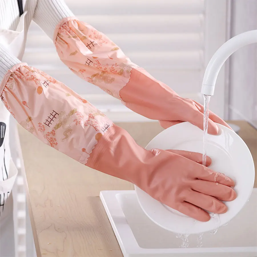 Housework Gloves Winter Velvet Dishwashing Gloves Kitchen Thickeneded Warm Kitchen Cleaning Home Bathroom Cleaning Laundry Extended Waterproof Velvet Integrated Extension 1 Pair
