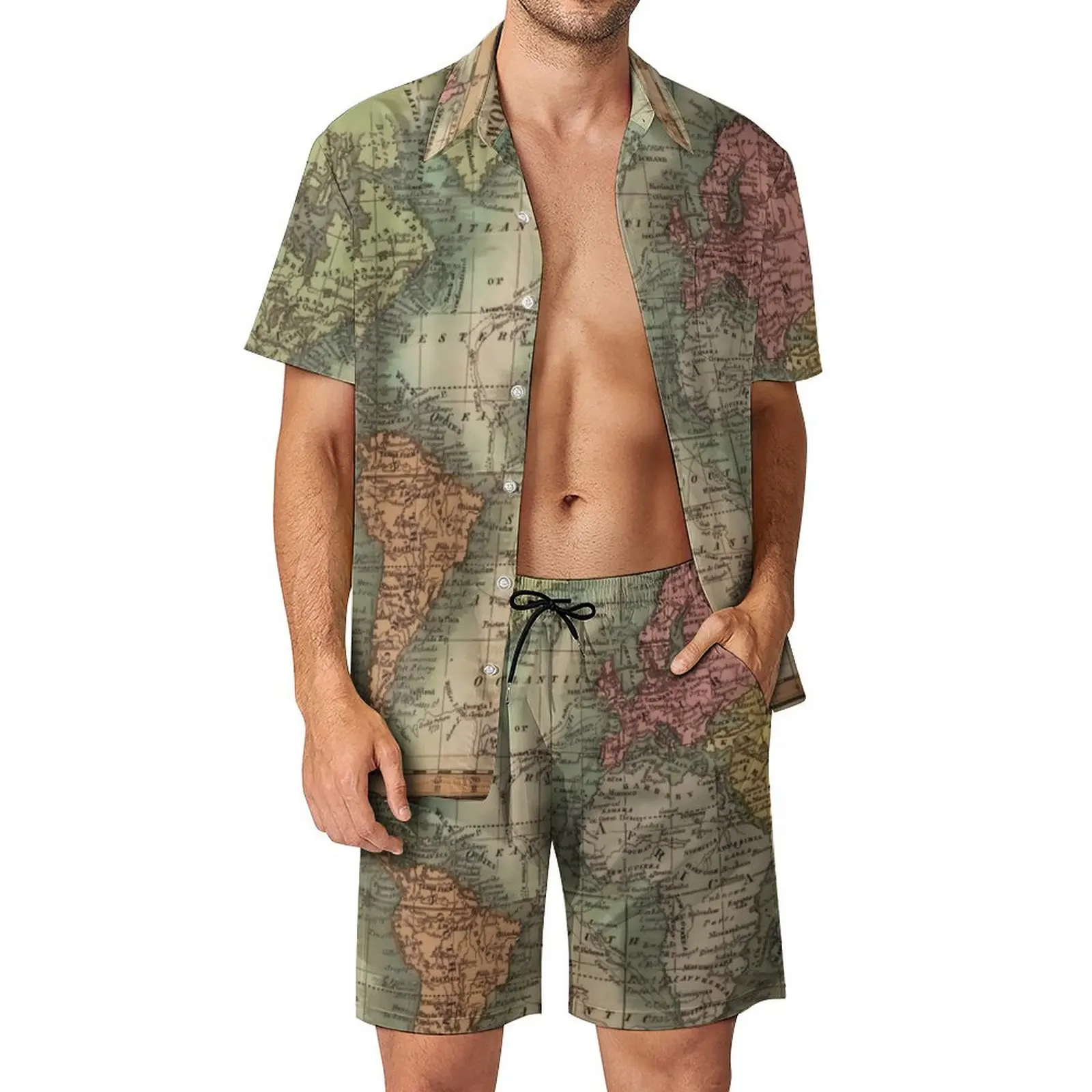 

World Map Vacation Men Sets Vintage Map of The World 1811 Casual Shirt Set Summer Pattern Shorts 2 Piece Hawaiian Suit 2XL 3XL