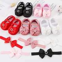 New 0-18M Birthday Infant Newborn Baby Girls Baptism Solid Shoes Bowknot Pearl Princess Soft Sole Shoes First Walkers + Hairband 1