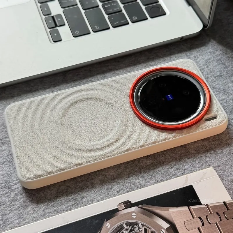 Luxury Colorblock Leather Case with Metal Lens Buttons in Orange - Shockproof and Custom Made