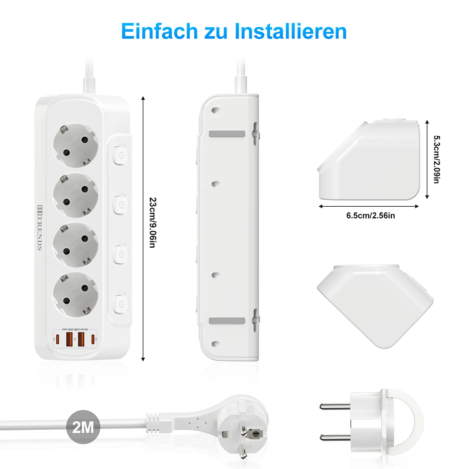 EU Plug Multi-Function Power Board with Fast Charging Ports and Extension Cord - White