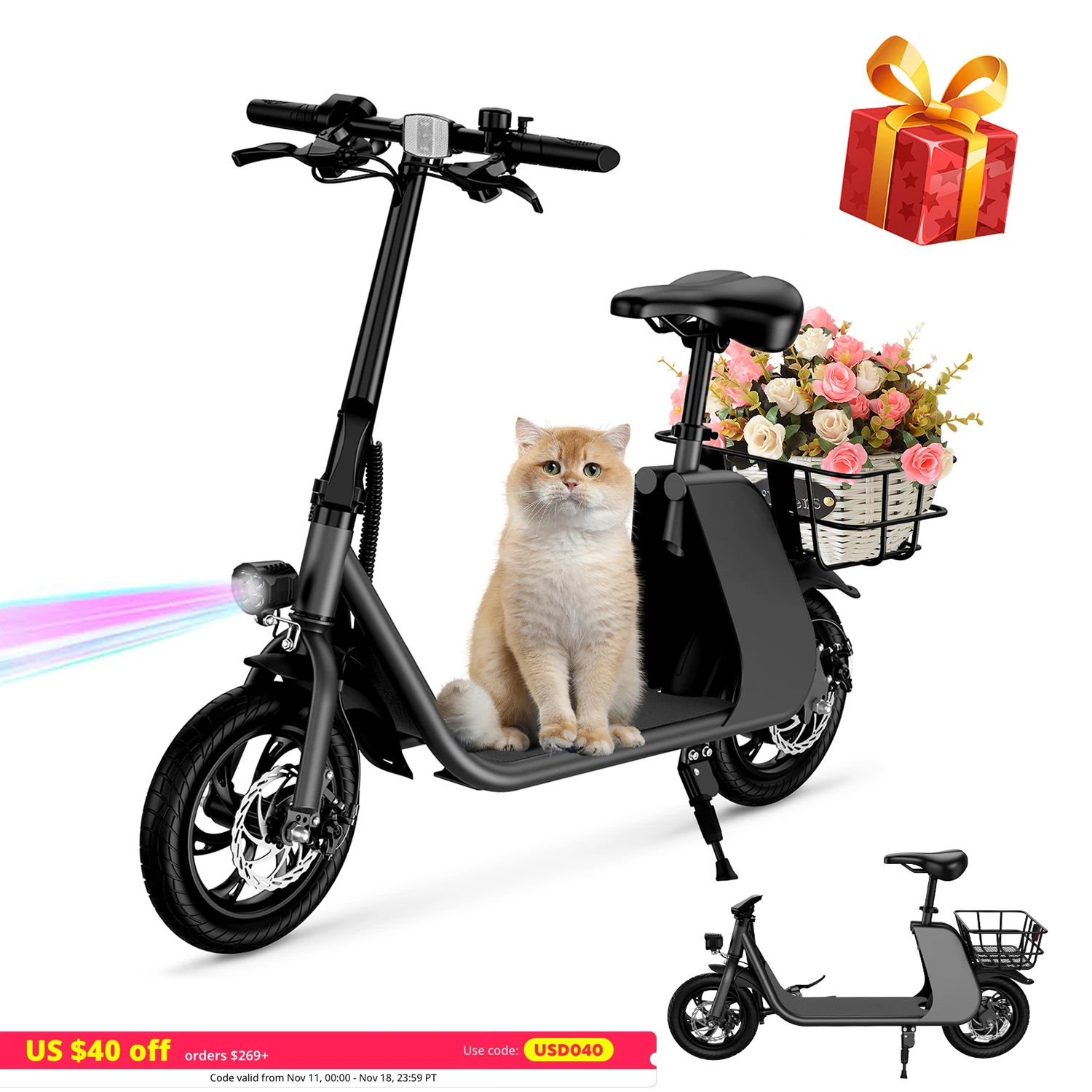 HEZZO Folding Electric Scooter 630W Peak Motor 15.5mph Max Speed 14 inch Folding Electric Bike W/ 36V 8Ah Battery Range 31 Miles