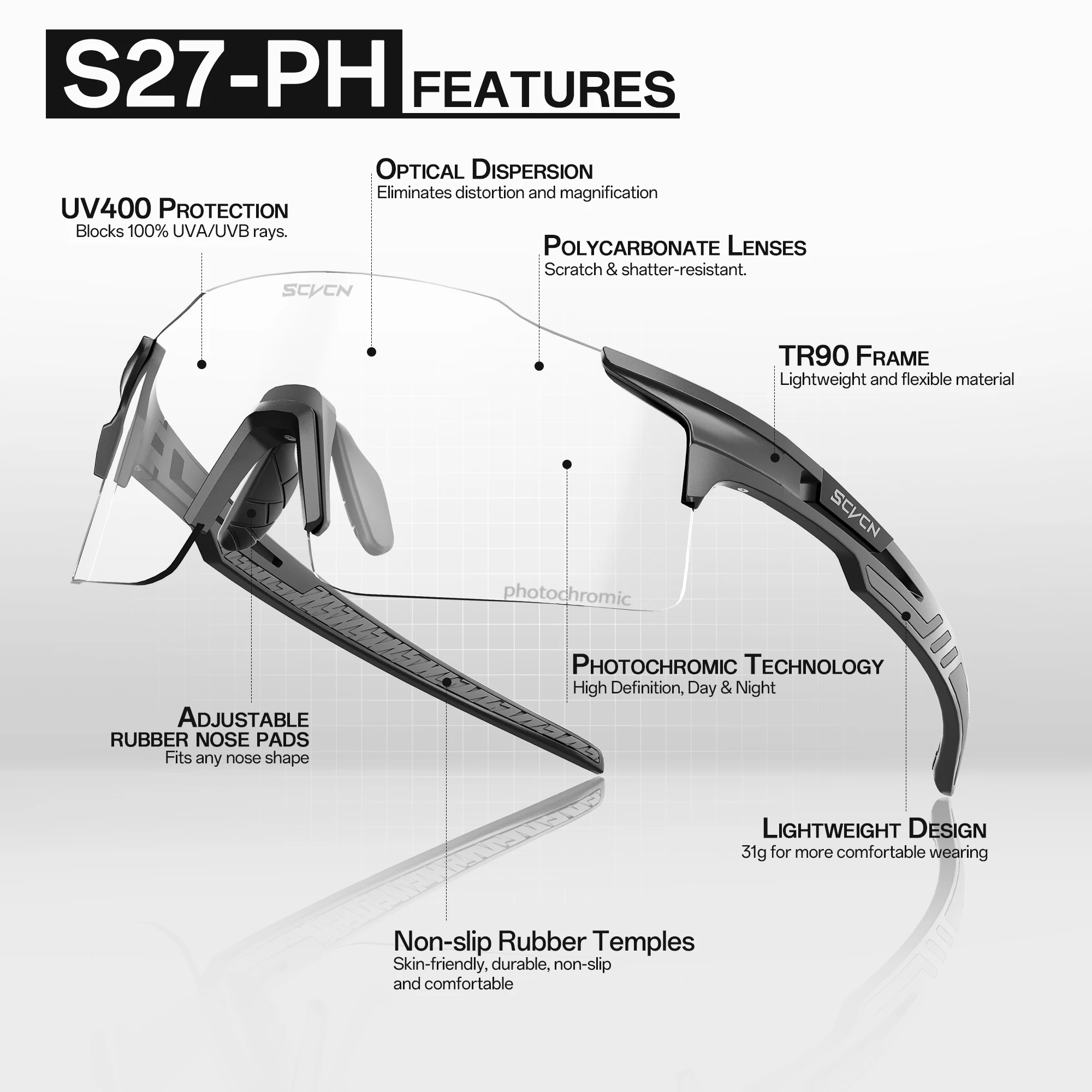 SCVCN Photochromic Cycling Glasses Men Sunglasses Outdoor Cycling Road Mountain Bike Glasses and Women Casual Hiking Windproof