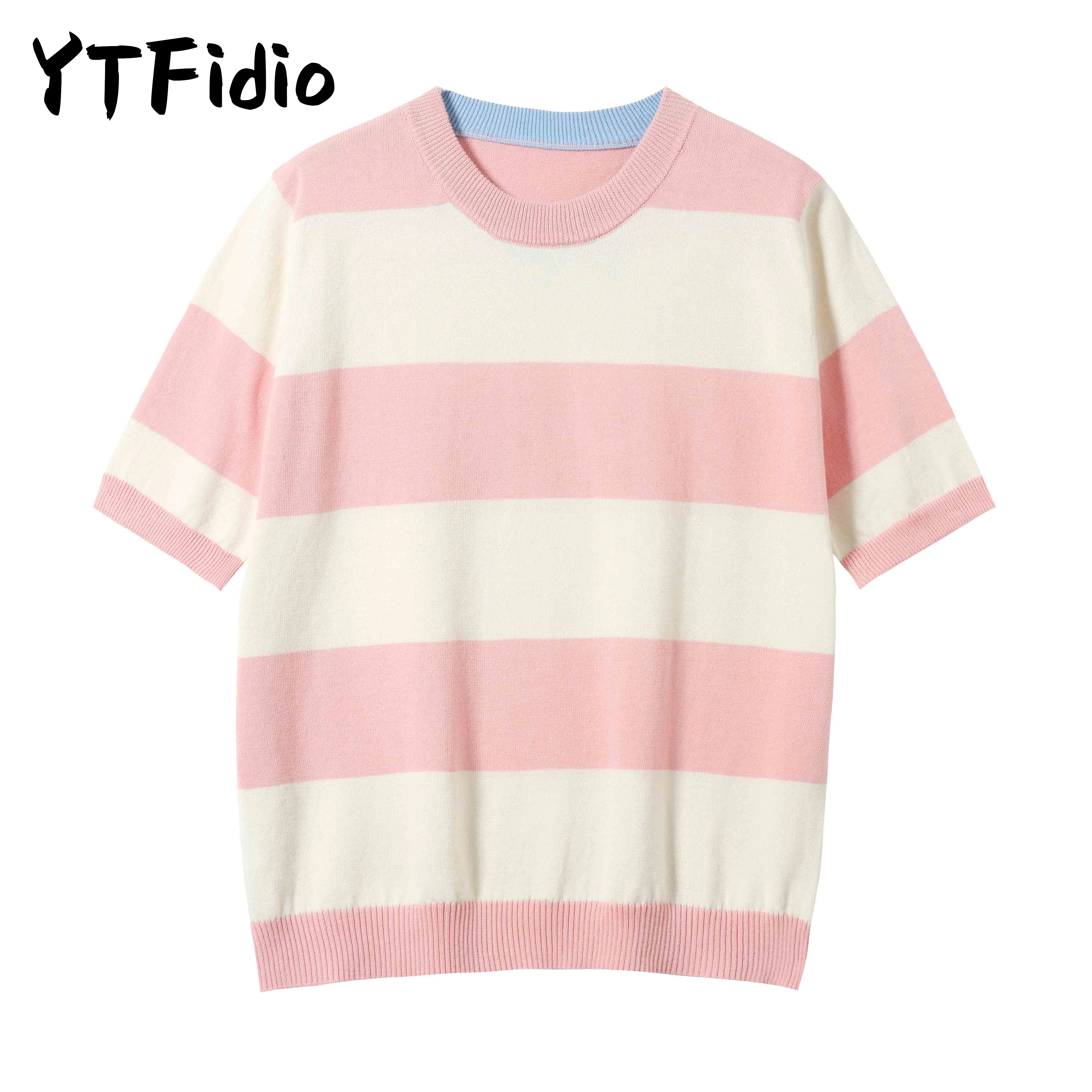 YTFidio 100% coton femmes col rond Dopamine couleur système large rayure couleur correspondant tricoté pull chemise jeune mode 221