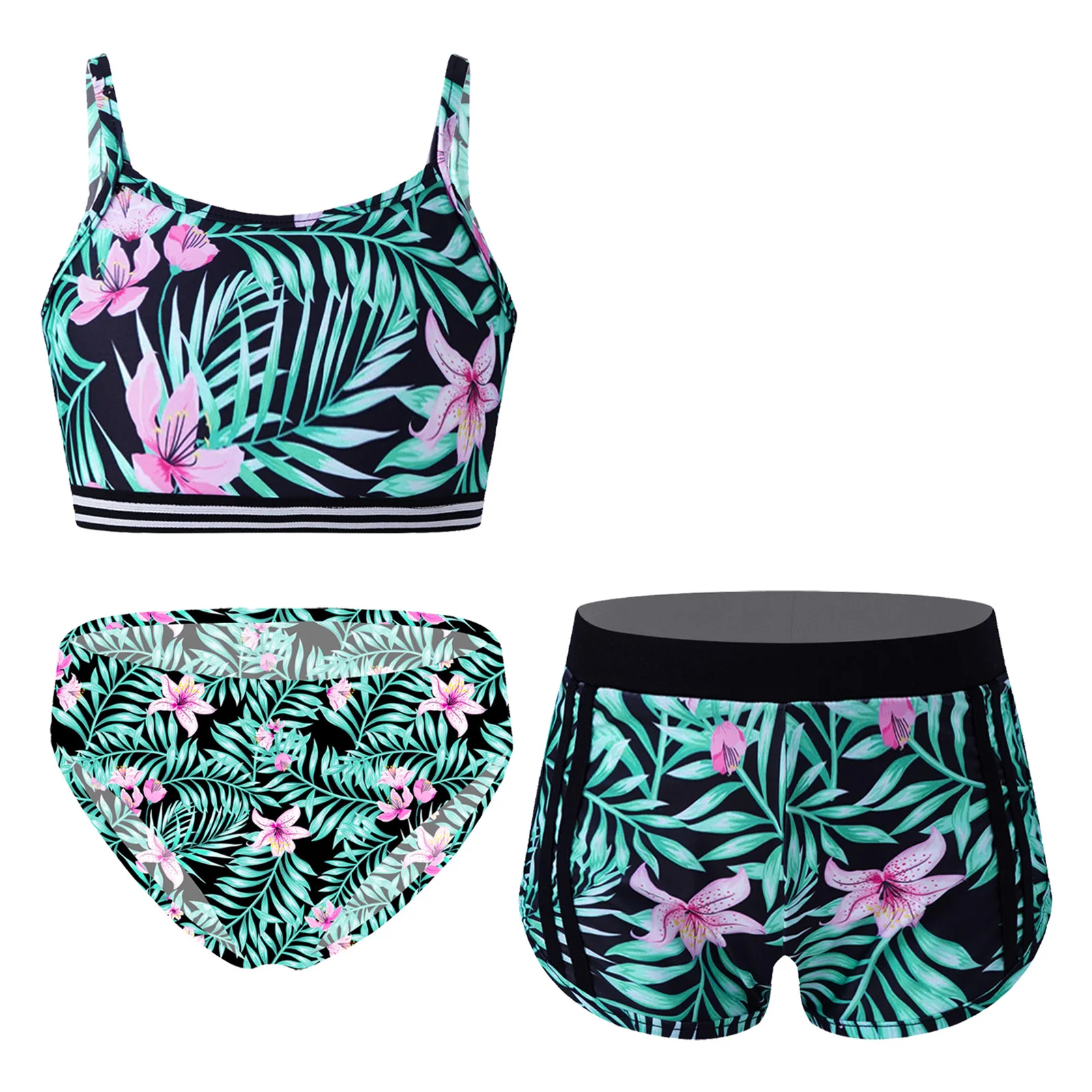 Children Girls Tankini Swimwear Spaghetti Straps Print Crop Top Shorts Briefs Swimsuit children swimsuit Beach Pool Water Park Bathing Suit
