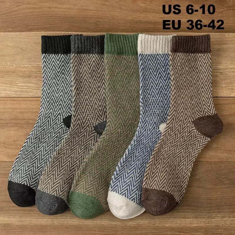 5 Pairs Women's Thermal Wool Socks - Autumn Winter Collection, Retro Nordic Style