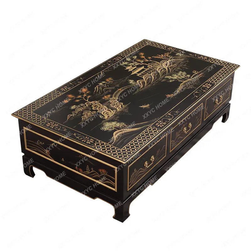 

Black Painted Landscape Picture 1 M Square Tea Table Large Apartment Living Room Rectangular Storage Tea Table