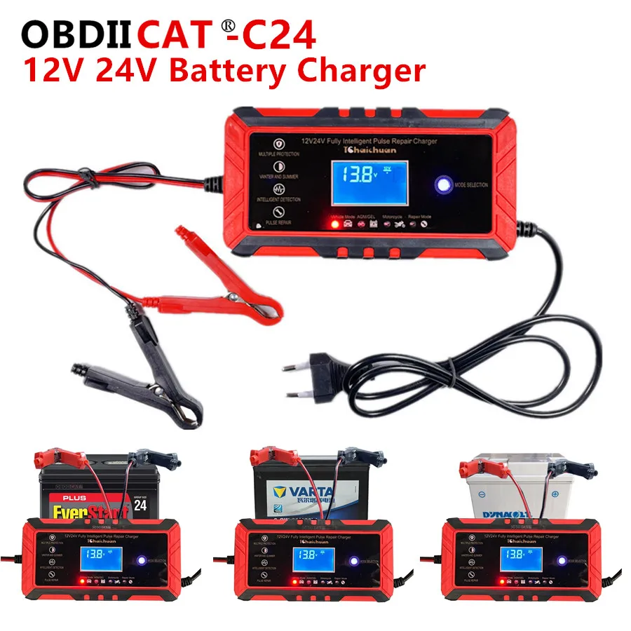OBDIICAT-C24 Car Battery Charger 24V 12V Full Automatic Car Battery Charger Pulse Repair LCD Display AGM Deep Cycle GEL LeadAcid