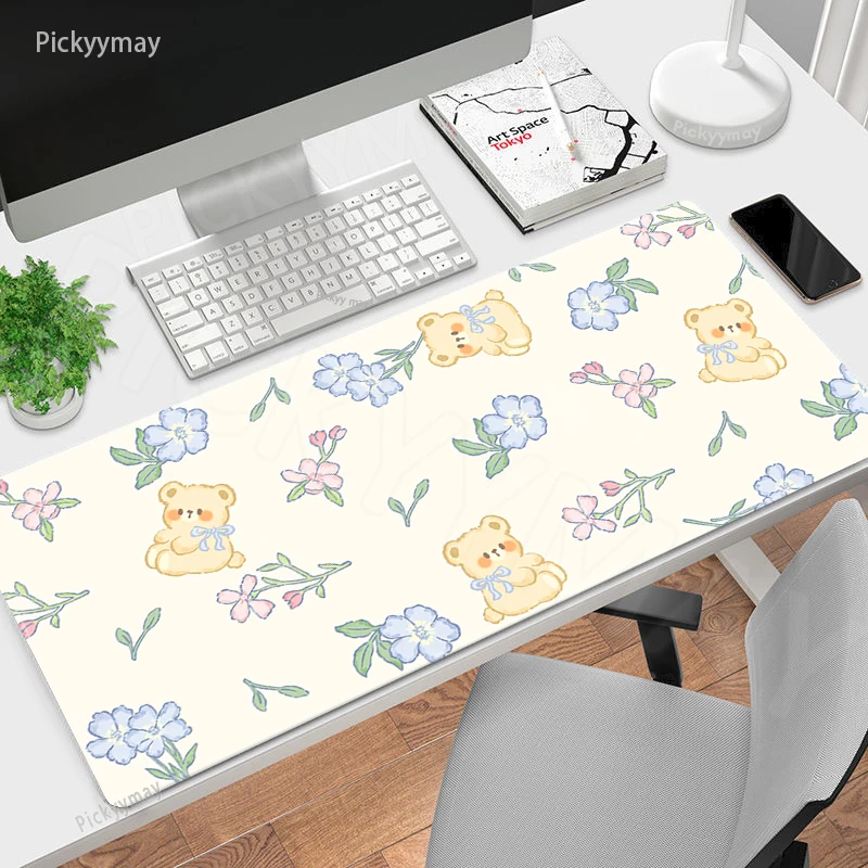 DHSBD Tappetino per Mouse da Gioco XL Tappetino per Mouse Grande Tappetino per Computer Portatile in Gomma Tappetino per Scrivania Bordo Overlock Stampa Floreale Rosa 700X300X3Mm