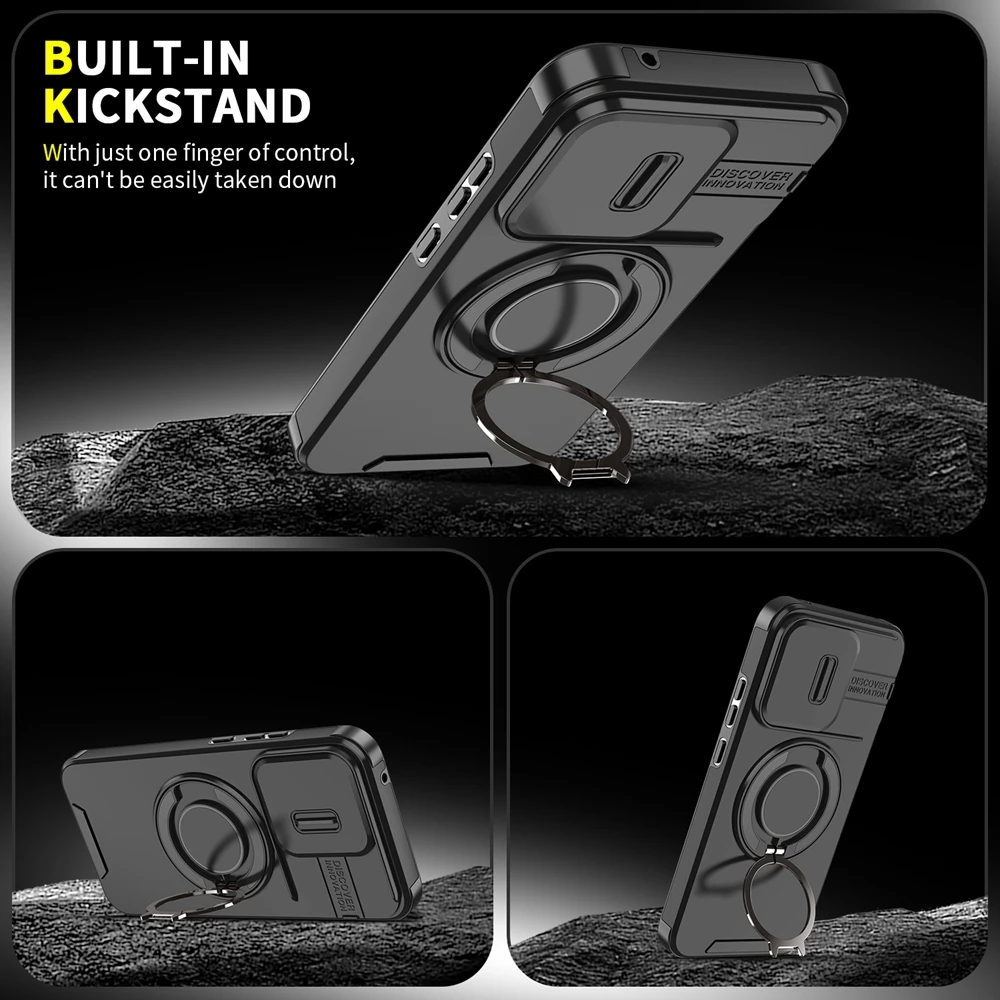 Durable Armor Case with Slide Lens Protection and Ring Holder - Shockproof Cover