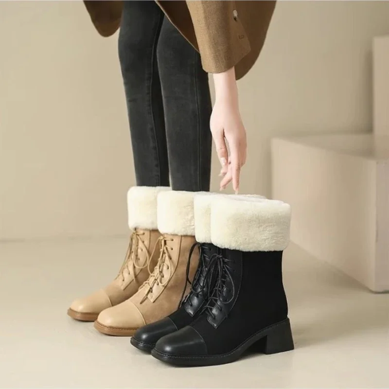 Women's Soft Leather Snow Boots 2023 Winter Fragrant Warm Snow Boots Women's Anti Slip Thickened Plush Leather Boots
