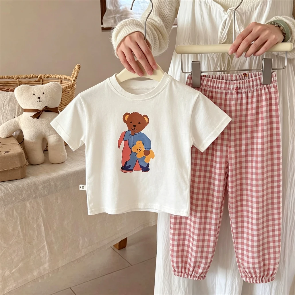 Printed Tshirt Plaid Trousers 2Piece Set Summer Costume Boys And Girls Casual White Tees Loose Pants Children Fashion Clothes