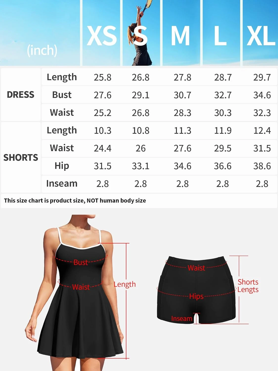 Anfilia Women Tennis Dress With Removable Pads Adjustable Spaghetti Straps Sweetheart Neckline 2 Side Double Pockets Golf Wear