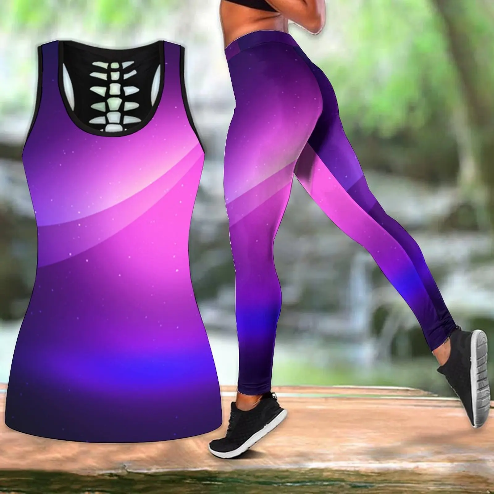 Summer Fashion Sportswear Yoga Set Lines LightPrint Yoga Pants SetXS