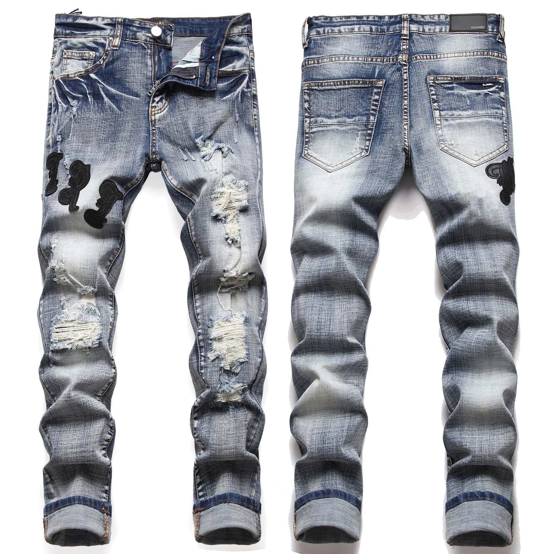 

Light Luxury Men’s Street Fashion Blue Jeans,Korea Version Slim-fit Hip Hop Denim Pants ,Trendy Hole Ripped Casual Jeans Pants;