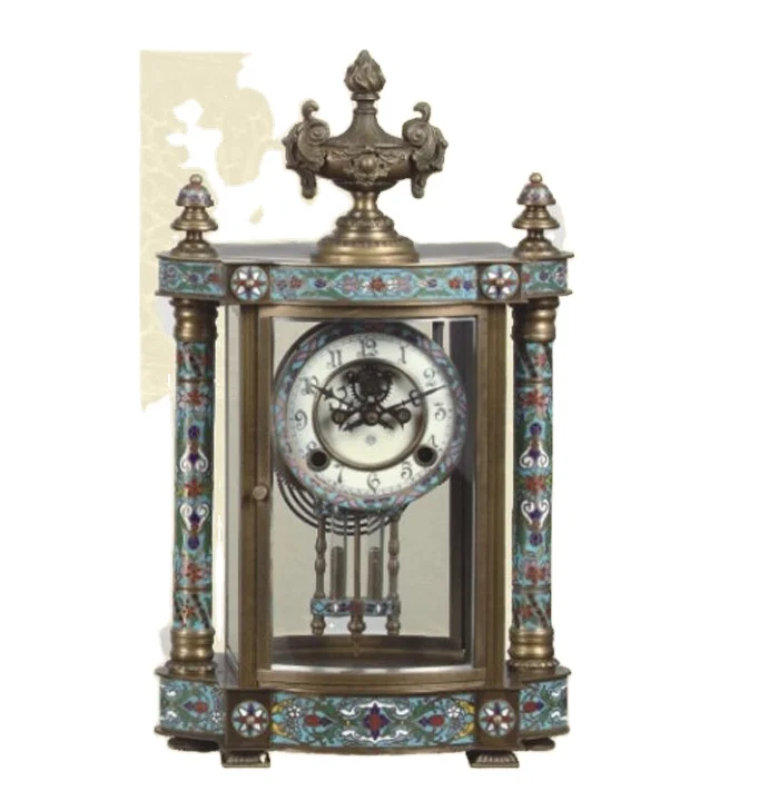 

Antique 18th America Luxury Four Glass Gilt Mantel- Brass Fancy Cloisonne Mechanical Movement Table Clock with Pendulum