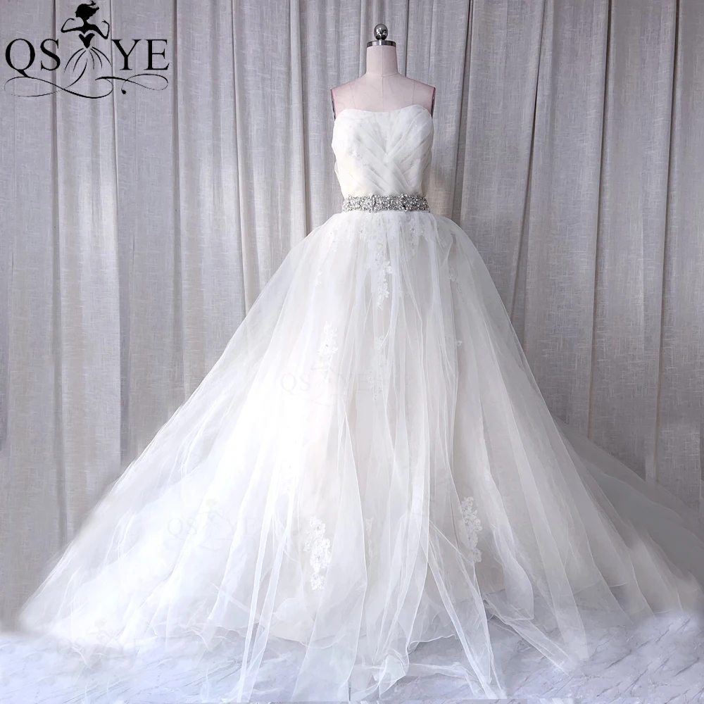 

Puffy A line Tulle Ivory Wedding Dresses Plus Size Off Shoulder Lace Appliques Bridal Ruched Bodice Crystal Belt Wedding Gown