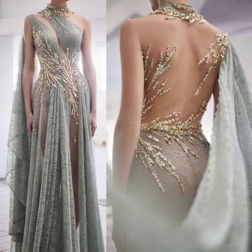 Fashion Light Green Lace Women Prom Dresses High Collar Sleeveless Floor Length A-Line Backless High-end Evening Party Gowns