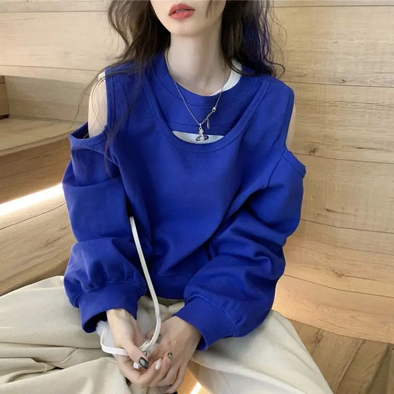 Spring Autumn Casual Fashion Hollow Out Sweatshirt Ladies Loose All-match Off the Shoulder Top Women Korean Style Solid Pullover