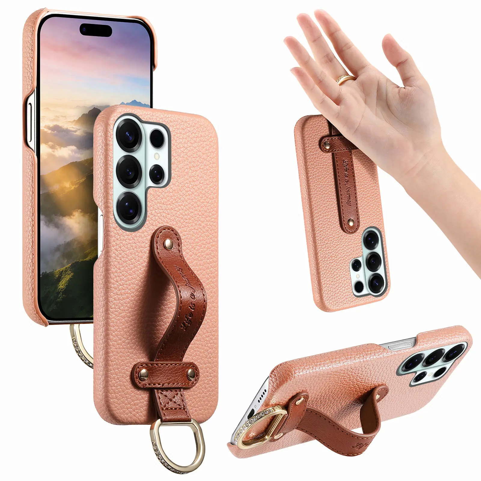 Lychee Textured Leather Wrist Strap Ring Holder Phone Case Cover