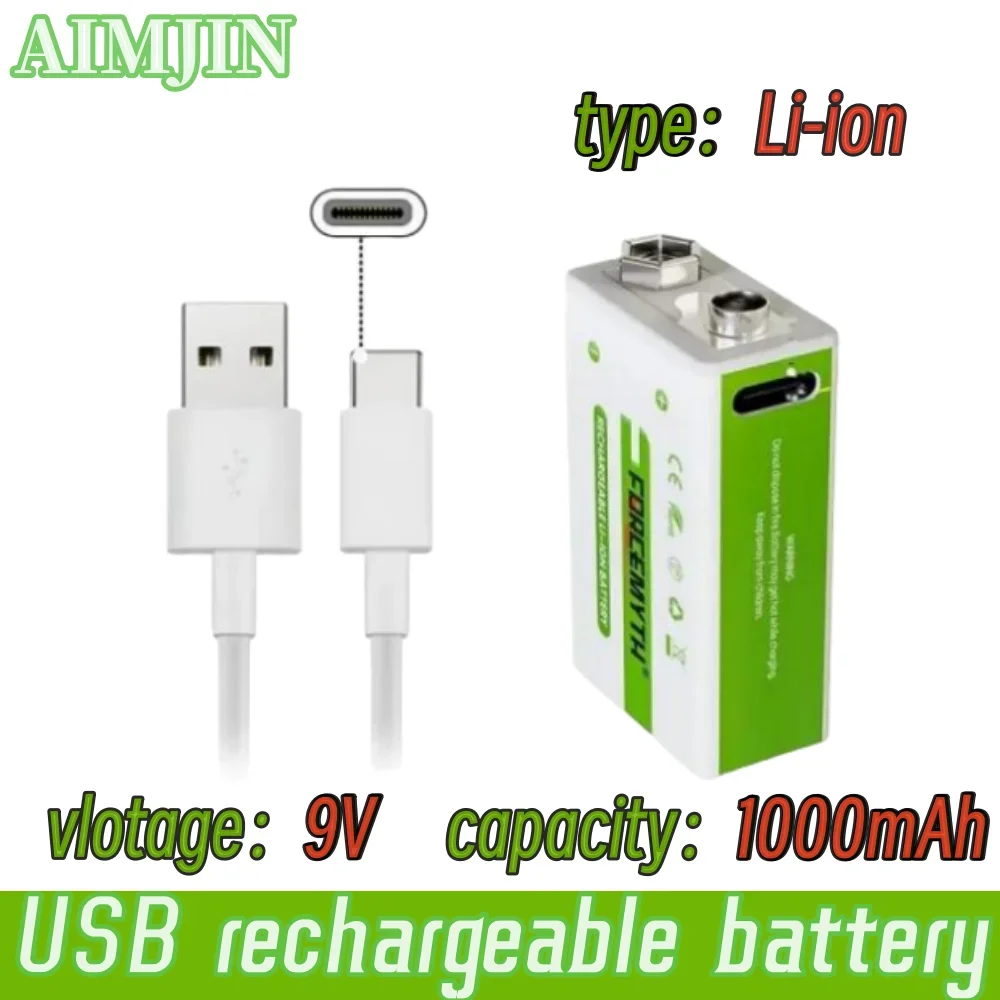 

9V 1000mAh Lithium Rechargeable Battery USB Charging Square Batteries for Walkie-talkie KTV-microphone Toy Multimeter+USB Cable