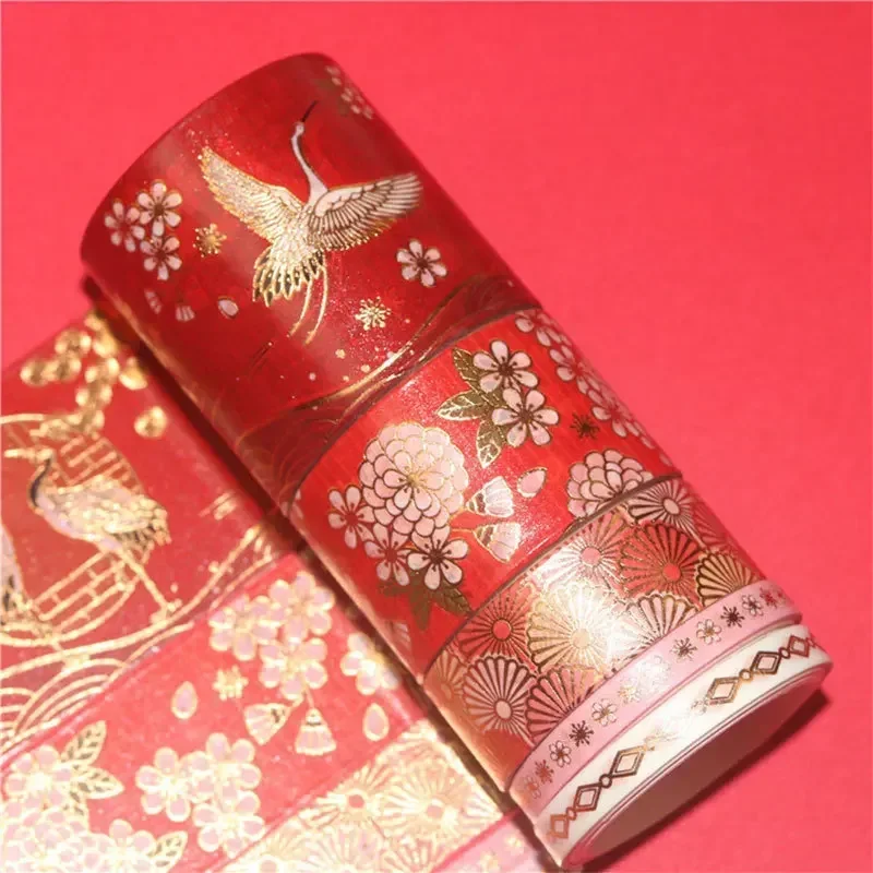 

5 Roll Set DIY Creative Decoration Chinese Style Masking Tape Hot Stamping Crane Paper Antique Hand Ledger Tape Lipstick Sticker