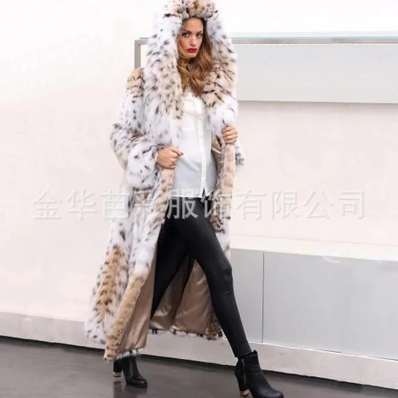 

Faux Fox Fur Coat Women Casual Leopard Print Jacket Thick Warm Coats Mid Long Plush Outerwear Hooded Jackets Winter 2023