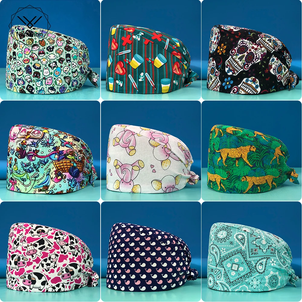 

Sweat Absorbent Animal Printing Medical Accessories Work Hats Veterinary Grooming Institution Pet Cleaning Nursing Scrubs Caps