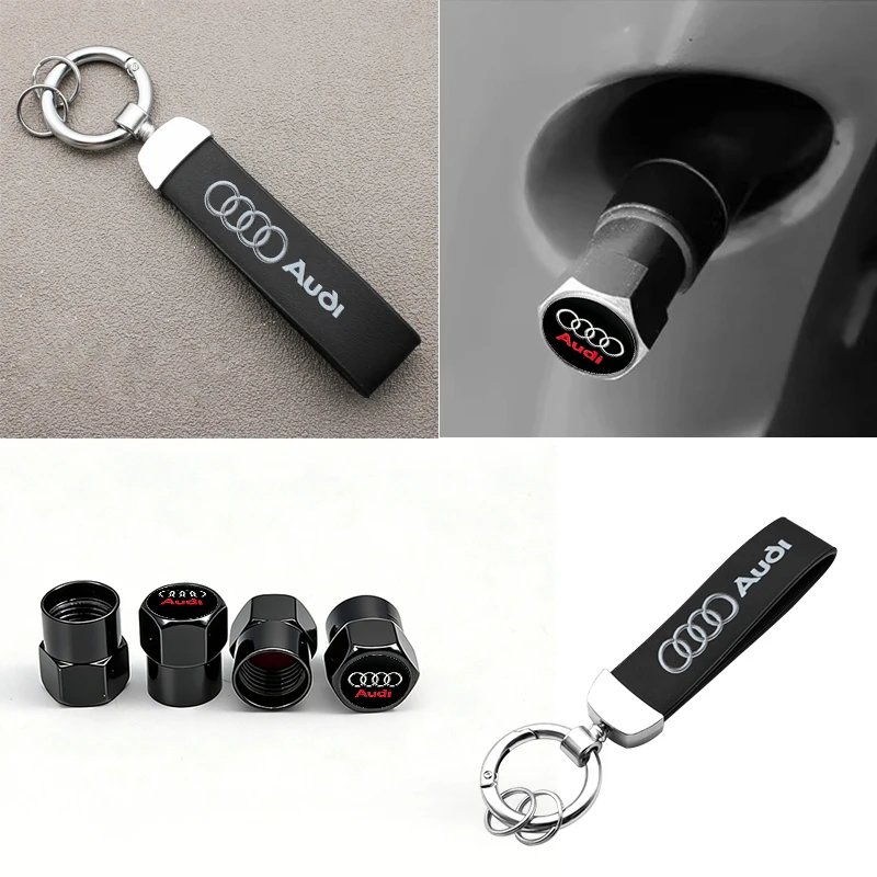 Luxury Car Tire Valve Caps and Suede Keychain Gift Set