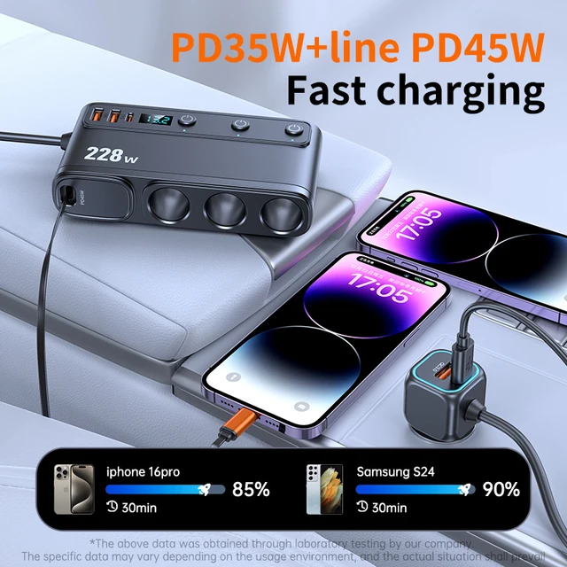 9-in-1 Cigarette Lighter Splitter – 228W USB-C Car Charger Adapter with QC3.0, PD45W Fast Charging, Telescopic Cable, and LED Voltage Display (12V/24V) 3