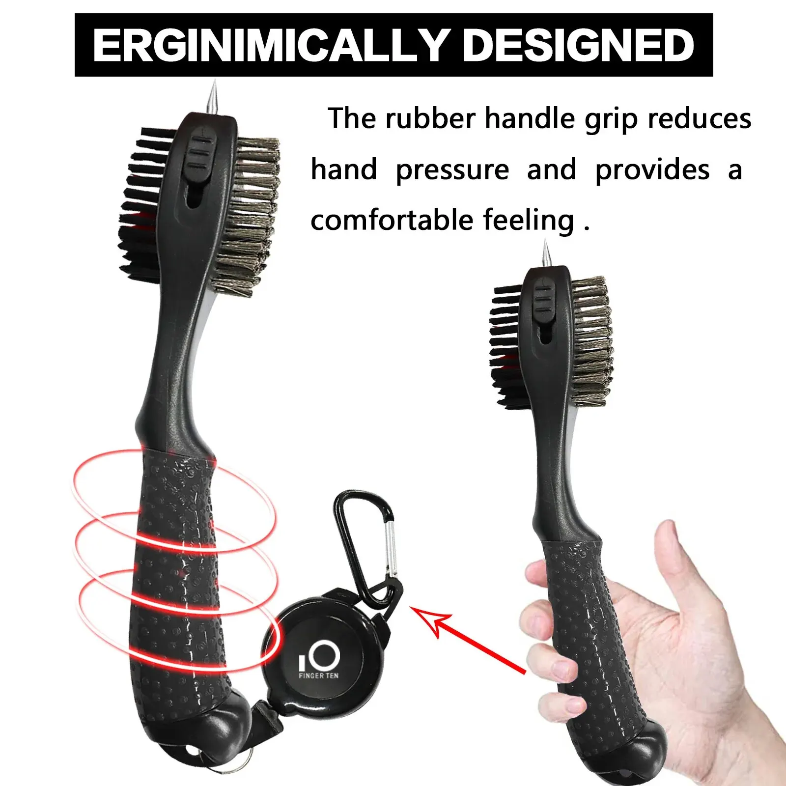 Golf Club Cleaner Kit Oversized Head with Retractable Zip-Line Clip Double Sided with Spike for Cleaning Groove Shoes