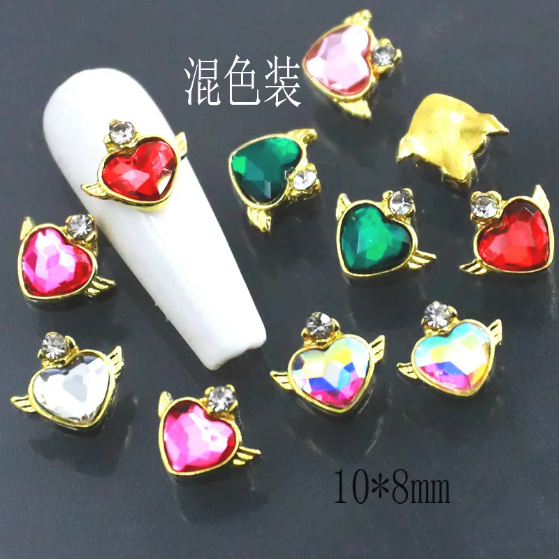 

10pcs Japanese Nail Art Charms Heart With Wing Gems Rhinestone Nail Art Decoration Irregular Metal Jewelry For Manicure Accessor