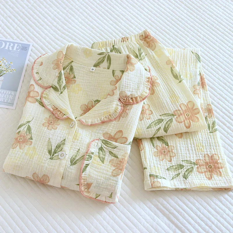 Spring and Autumn 2024 New Women's Pajama Set 100% Cotton Crepe Long Sleeve Pants Two Piece Cute Sweet Summer Thin Homewear