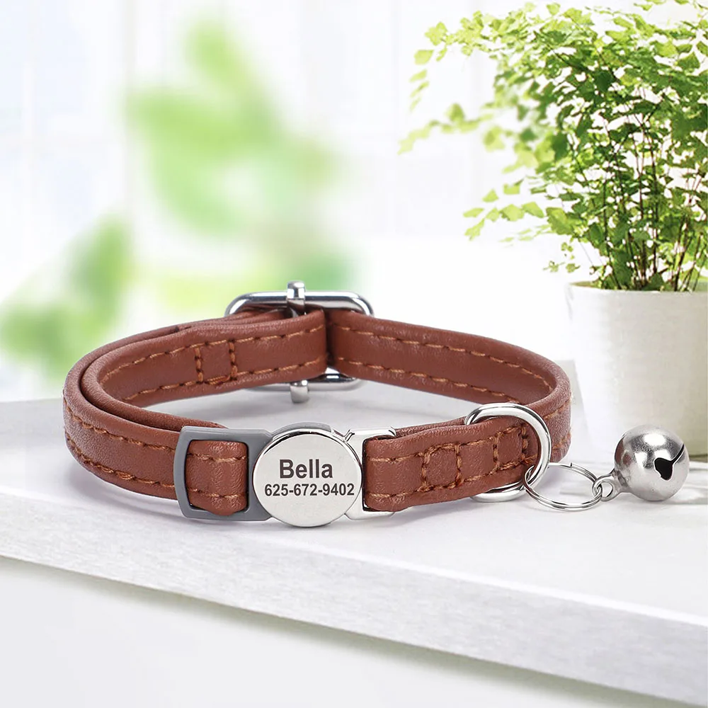 PU Leather Personalized Cat Collar Quick-Release Cats Collars Necklace Free Engraved Pet ID Name Collars Adjustable for Cats 3