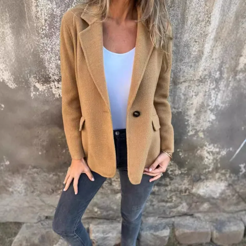 Veste Blazer en Laine Mélangée pour Femme, Col à Revers, Bouton Unique, Veste Casual à Fausses Poches, Veste Slim pour Femme de Bureau en Automne