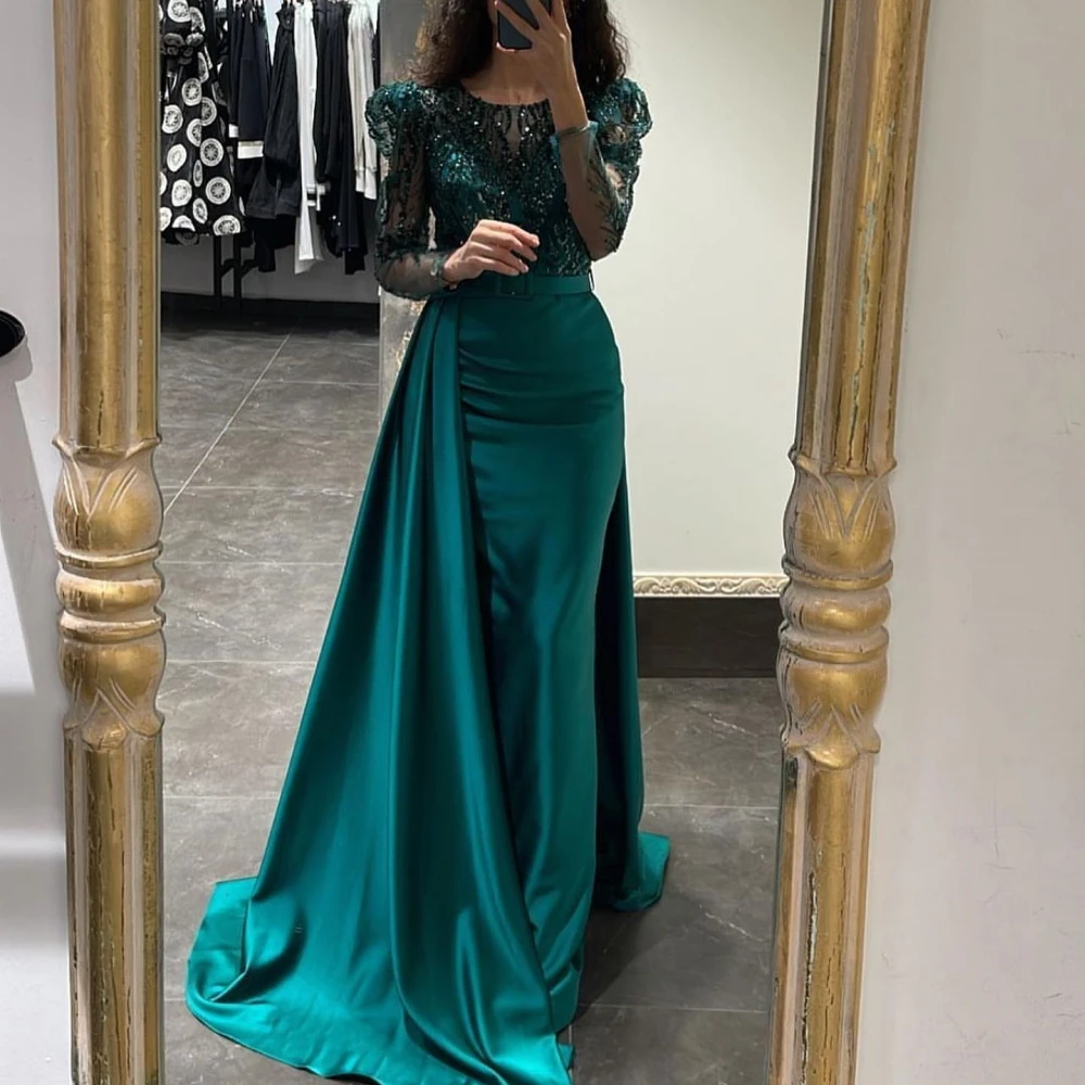 

Qcenkern O-Neck Sequined Green Evening Formal Saudi Arabia Long Sleeves Satin Party Dresses Gowns Women Robes de Soirée 2023