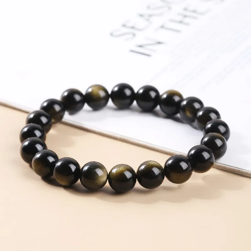 JD Natural Stone Gold Color Obsidian Irisation Bead Bracelet Women Men Charm Health Protect Healing Energy Bangles Yoga Jewelry charm bracelet,obsidian bracelet,chakra beads bracelet