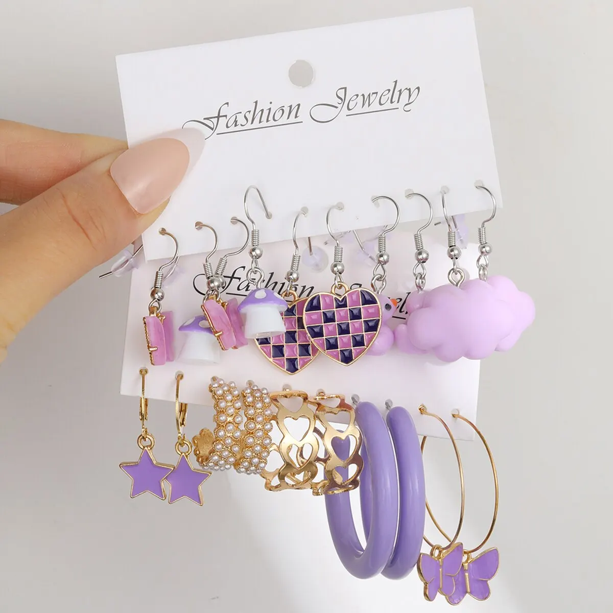 S8b963e05847b4011ab209bb378f3d00dr 10pcs Set of Ladies Earrings Purple Pentagram Creative Pearl Duck Mushroom Cartoon Earrings Mallzona