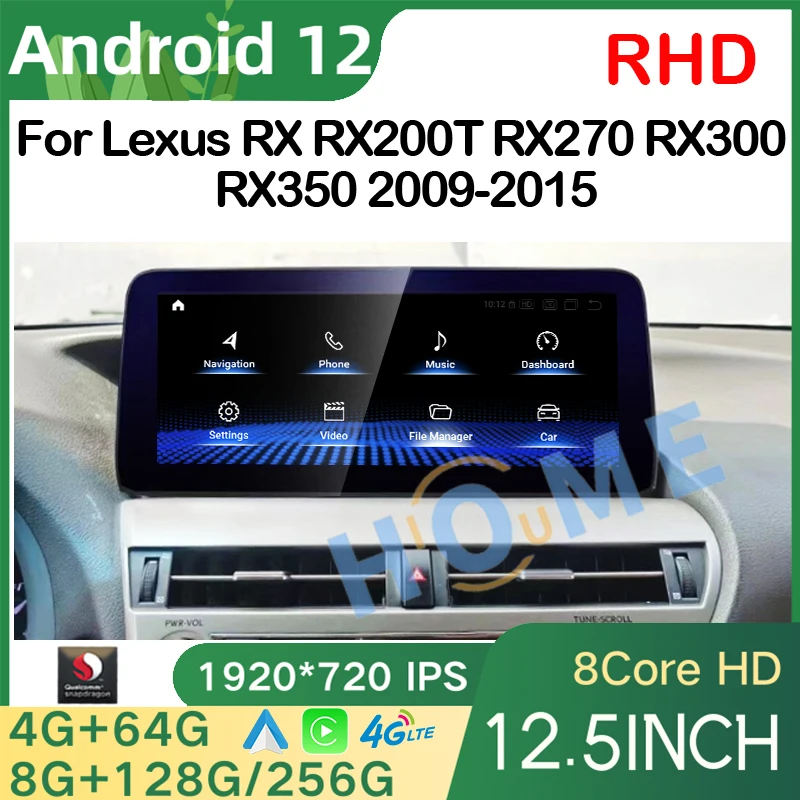 

New 12.5 Inch Qualcomm Android 12 Wireless CarPlay For Lexus RX RX270 RX350 RX450H 2009-2015Multimedia Video Player Auto SWC RHD