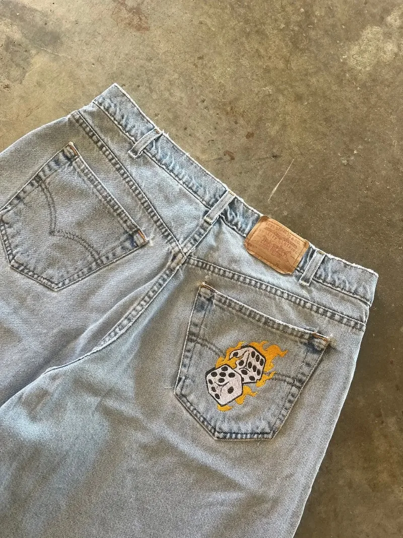 Casual Fashion Dice Embroidered Pattern Denim Shorts Men Fitness Basketball Pants Distressed Washed Cotton