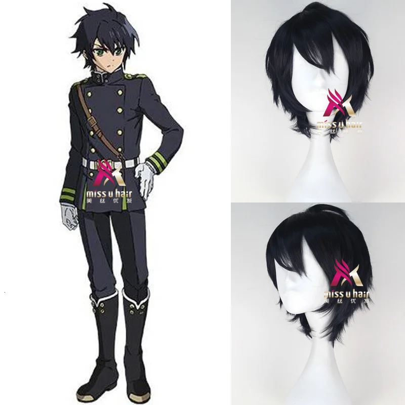 

High quality anime seraph end yuichiro hyakuya wig black cosplay blue mix resistant to heat wigs synthetic hair + wig cap
