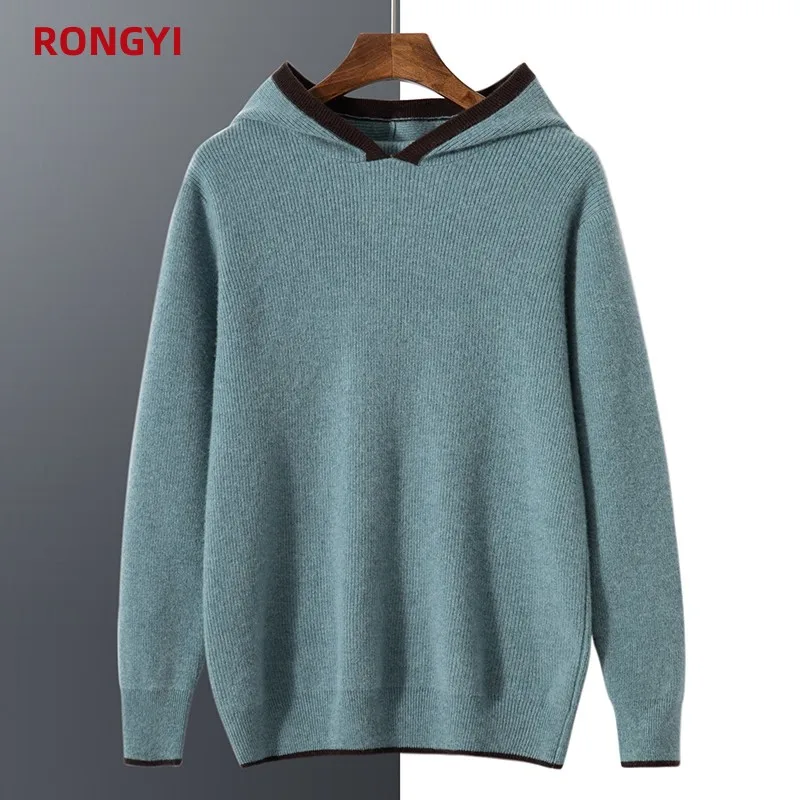 RONGYI 100% Pure Goat Cashmere Men’s Sweater Pullover Autumn And Winter Thickened Keep Warm Casual Hooded Knitted Loose Top